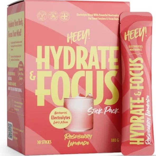 Heey! hydrate & focus electrolytes raspberry lemonade sticks